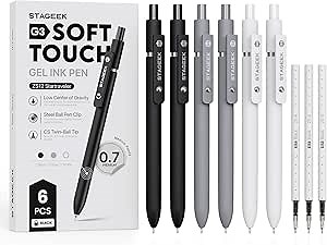 Black Gel Pens, 6Pcs Fine Point Smooth Writing Pens with 3 Extra Refills, Black Ink Pens for Journaling, Office, Note Taking, School Supplies, Nurse Aesthetic(Black Gray White)