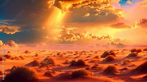 A desert scene featuring clouds hovering over low-lying grassy areas, A captivating desert scene caught just as the rare rain trickles down on sunbaked sand