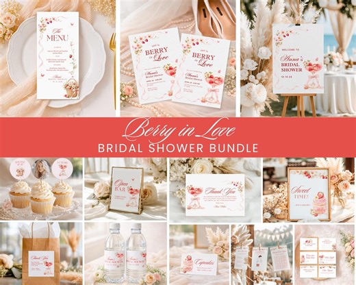 Strawberry Bridal Shower Invitation Bundle, Berry in Love Theme, Pink Bow Games and Signs Party Decor (digital Download) - Etsy