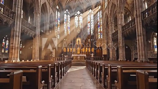 Peaceful interior of a Catholic church with colorful sunlight streaming through stained glass windows, illuminating wooden pews and altar in a sacred and serene atmosphere. Ideal for faith, religion,