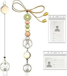 Retractable Lanyard for ID Badges,Teacher Lanyard with ID Badge Holder, Green Daisy Wooden Beads Lanyard Set, Cute Natural Wooden Beaded Lanyard for Women, Nurse, Coworkers