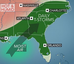Heavy storms to keep temperatures in check across southeastern US following record heat