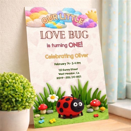 Love Bug Birthday Invitation, Ladybug First Birthday Invite, Valentine Theme, Editable Canva - Etsy