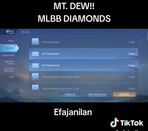 #mt.dew #MobileLegends:BangBang #mlbbredemptioncode HOW TO REDEEM YOUR MOBILE LEGENDS DIAMONDS: STEP 1: Go to https://mobilelegends.com/en/codexchange STEP 2: Enter your seventeen (17) character unique alphanumeric redemption code and your MLBB Game ID. Tap SEND. A verification code will be sent to your IN-GAME MAILBOX. Your verification code is only valid for 30 minutes. STEP 3: Return to the website, input the verification code, then tap REDEEM. STEP 4: Check your IN-GAME MAILBOX and tap CLAIM