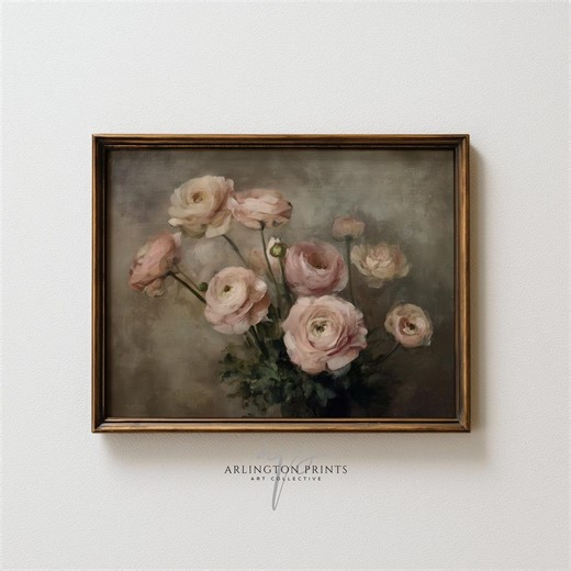 Antique Floral Painting Print, Pink Ranunculus Bouquet Wall Art, Vintage Cottagecore Decor, Soft Neutral Flower Artwork - Etsy
