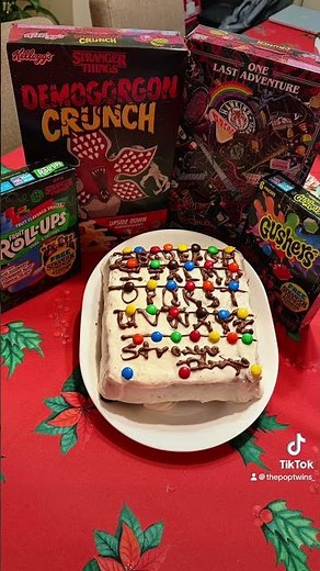 Stranger Things treats for Season 5. Demogorgon Crunch, snacks, and the message board cake!