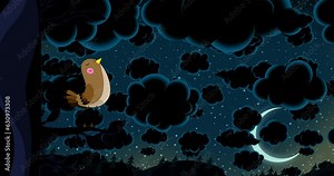 Bird blue cartoon animation singing night stars clouds paradise. Seamless character loop cute wonderland background. Happy animal sitting on a tree with leaves giving a concerto. Fairy tales theme.