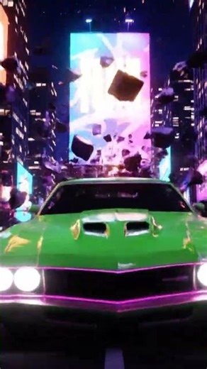 Neon Muscle Car Crash into Billboard – Epic Cartoon Impact