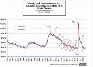 How does the seasonally adjusted and unadjusted unemployment rate compare?