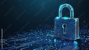 Cybersecurity digital data protection concept. Digital data security padlock on futuristic circuit board. Digital security system. Abstract futuristic cybersecurity. High technology. Copy space area