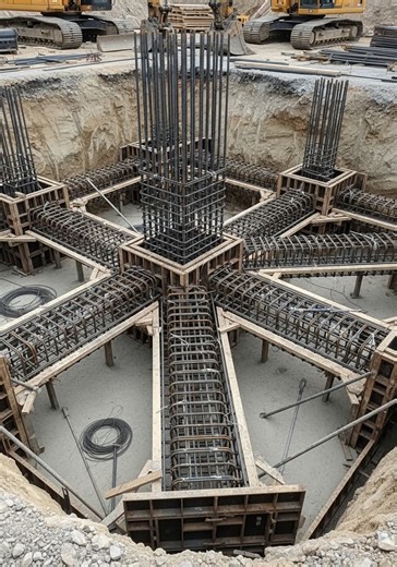 This photo shows a reinforced-concrete column footing with intersecting ground beams, fully prepared just before concreting. It’s a really good, real-world example of how columns are tied into the rest of a building’s foundation system. | DSE