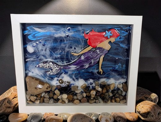 3D Mixed Media Mermaid Shadow Box Art: Crushed Glass Tail, Resin Waves, River Rocks - Etsy
