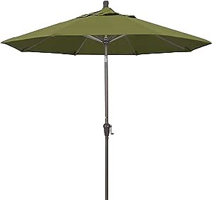 California Umbrella 9' Round Aluminum Market Umbrella, Crank Lift, Auto Tilt, Champagne Pole, Fade Resistant Palm Fabric