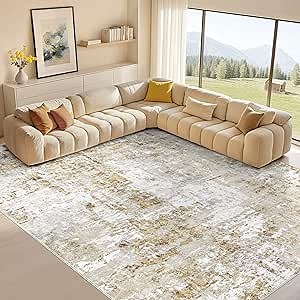 9x12 Rug for Living Room : Soft Abstract Washable Non-Slip Durable Rugs, Neutral Modern Indoor Carpet for Bedroom Dining Room Home Office - Yellow Brown
