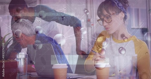 Team writing, typing and leaning at tech table, causing molecular overlay drifting over laptops