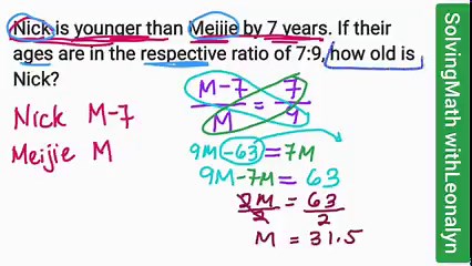 7.5K views · 365 reactions | Nick is younger than Meijie by 7 years. If their ages are in the respective ratio of 7:9, how old is Nick? | Free Reviewers with Leonalyn | Facebook