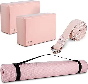 Jessica Simpson 4-Piece Yoga Kit - Pink Yoga Starter Set With Mat, Blocks, Strap