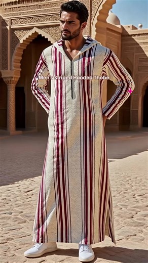 Arab Muslim Moroccan Classic Long Robe, Modesty Thobe, Traditional Arabic Robe, Traditional Ramadan Eid Clothing, Men's Hooded Striped Mixed Color Robe, Perfect Gift