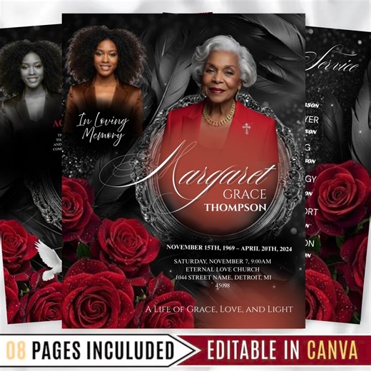 Black Red Funeral Program Template, 8.5x11, 8-page Unique Celebration of Life Brochure, Memorial Program Design, Obituary Template - Etsy