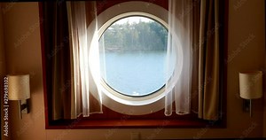Ship Cabin With Bed And Window With View On Sea. Luxury Cabin On Ferry Boat Or Cruise Liner