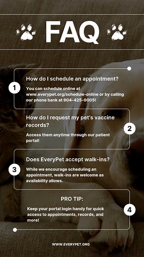✨Commonly Asked Questions, Answered! ✨ Q: How do I schedule an appointment? A: You can schedule online at https://www.everypet.org/schedule-online/ or by calling our phone bank at 904-425-0005! 🐾 Q: How do I request my pet’s vaccine records? A: Access them anytime through our patient portal—the same place you can schedule appointments! 💻 Q: Can I walk-in or do I need an appointment? A: While we encourage scheduling an appointment, walk-ins are welcome as availability allows. Appointments are g