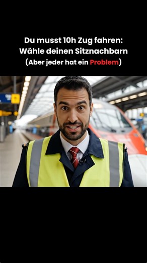 Du musst 10h Zug fahren…wähle deinen Sitznachbarn…aber jeder hat ein Problem🥲🥲