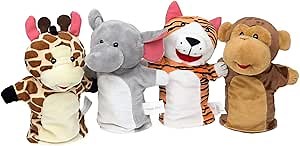 Zoo Animals Hand Puppets Set of 4 -Elephant, Tiger, Giraffe, Monkey Plush Animal Toys for Kids Babies and Toddlers Social Skills…