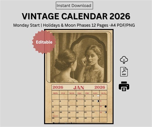 Vintage Calendar 2026 Template Old Fashion Retro Kitchen Calendar Design Digital Vertical Calendar A4 PDF