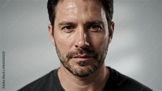 Close-up of a man's face, staring directly forward with a neutral expression. Grey background