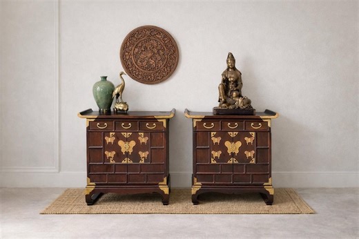 Vintage Mid 1900's Solid Wood & Brass Oriental Chest Side Cabinet Table Set - a Pair - Etsy