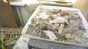 A destroyed classroom of the younger classes with a collapsed ceiling and a pile of construction debris on the desks after a Russian missile attack on the school