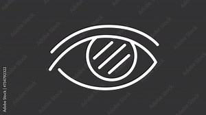 Eye blindness white line animation. Cataract animated icon. Vision medical condition. Blind eyesight. Isolated illustration on dark background. Transition alpha video. Motion graphic