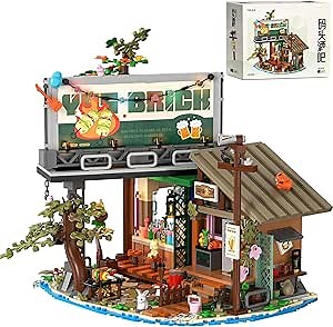 Pier Bar Mini Building Blocks Sets with LED Light - 1108PCS Wooden Cabin Forest House MOC Street View Micro Building Bricks Toy Creative Ideals Dock Bar, Collectible Deco, Birthday Gift for Adults
