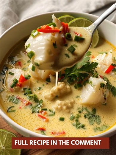 A bright, zesty dinner idea bursting with tropical comfort! 📝 Ingredients : 1 lb white fish (cod or tilapia), cut into chunks 1 tbsp olive oil 3 garlic cloves, minced 1-inch fresh ginger, grated 1 red bell pepper, diced 1 can (14 oz) full-fat coconut milk 2 cups fish or vegetable broth Juice of 2 limes extra slices for garnish 2 green onions, sliced Fresh cilantro, chopped Salt & pepper (to taste) Optional: 1 small chili for heat 🍽️ How to Make It: 1️⃣ Sauté the Base: Heat olive oil in a pot a