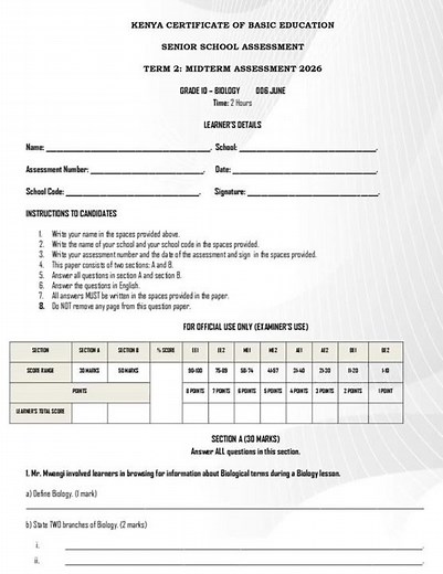 Grade 10 Biology Mid Term 2 2026 Exam