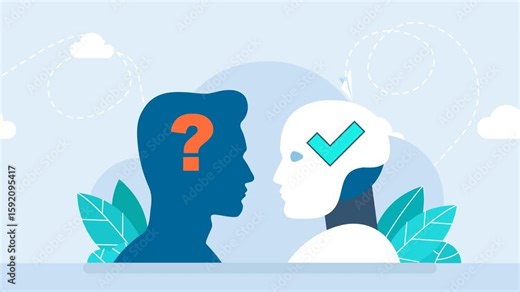 Artificial intelligence vs human in thinking work process. Robot and man. AI vs human mind, question mark, check mark tab. Robot solutions and ideas better than man. 2d flat animation