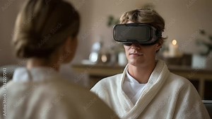 therapist conducting VR exposure therapy session with client wearing headset faint hum of equipment immersive healing three quarter wide angle cinematic color correction gentle