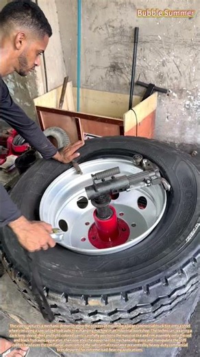 Heavy-Duty Maintenance: Mounting a Commercial Truck Tire with a Hydraulic Machine