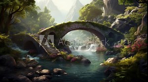 A view of a small river with a small bridge. 4K animated video