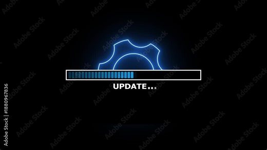 Update progress bar with gear icon and system operation status. Software update workflow with animated loading progress. Digital update process display for system maintenance tasks.