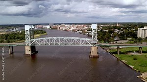 aerial pullout from the vertical lift bridge over the cape fear river at wilmington nc, north carolina, the cape fear memorial bridge