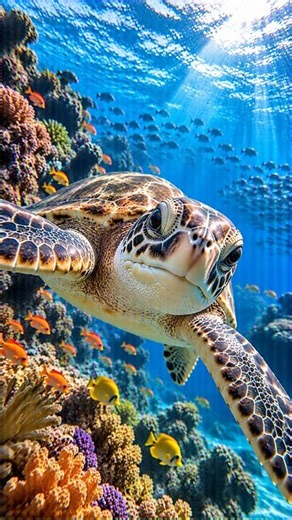 Sea Turtles Swimming With Tropical Fish
