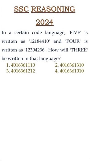 Reasoning Coding Decoding Trick | FIVE = 12184410 | FOUR = 12304236 | Find THREE