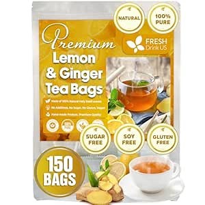 FreshDrinkUS, Premium 150 Lemon Ginger Tea Bags, 100% Natural Ingredients, Hand-made Blend of Lemon and Ginger, Eco-conscious Tea Bags. No Sugar, No Caffeine, Vegan.