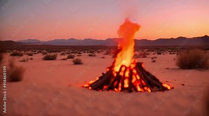 Cinematic Scene of a bonfire in an Desert landscape.
