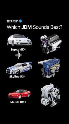 HYPEWHIP on Instagram: "🔊 Supra, Skyline, or RX-7? 🔥 Toyota Supra MK4: The 3.0L 2JZ-GTE inline-six is famous for its cast-iron block’s “bulletproof” durability, allowing it to handle massive boost and quadruple-digit horsepower figures without requiring internal reinforcements. Nissan Skyline R34: Designed for Group A touring car racing, the 2.6L RB26DETT inline-six features individual throttle bodies and a high-revving character that pairs perfectly with advanced all-wheel-drive systems. Mazd