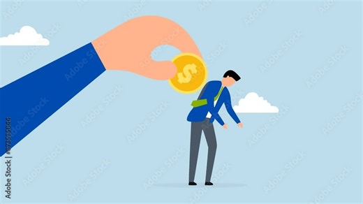 incentive program to motivate exhausted employee, 4k animation of employer hand places coin to motivate businessman office worker.