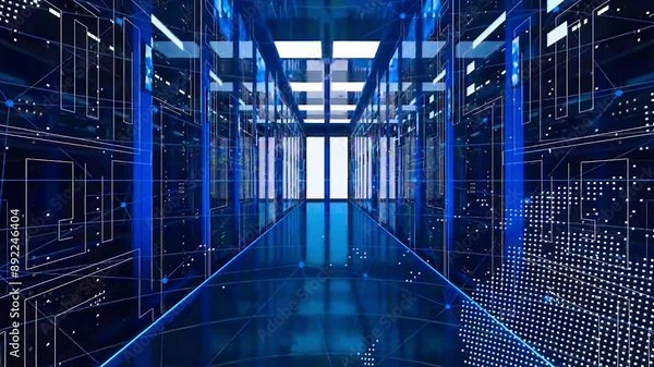 3D rendering of server room data center with bright blue lights, IT Server and modern digital fortress with digital computers, Data center