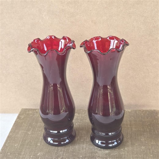 Pair of Vintage Ruby Red Glass Vases With Ruffled Crimped Rim | Set of 2 | Mid Century Glassware - Etsy