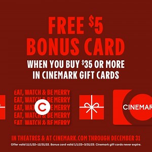 Get a free $5 bonus card when you buy $35 or more in Cinemark gift cards! 👉: cinemark.com/holiday?utm_source=fb&utm_medium=social&utm_campaign=organic-holidaygiftcard&utm_content=Organic | Cinemark